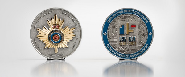 Both sides of a coin. One side shows the CSE badge on a gold maple leaf. The other side shows the CSE 75 logo.