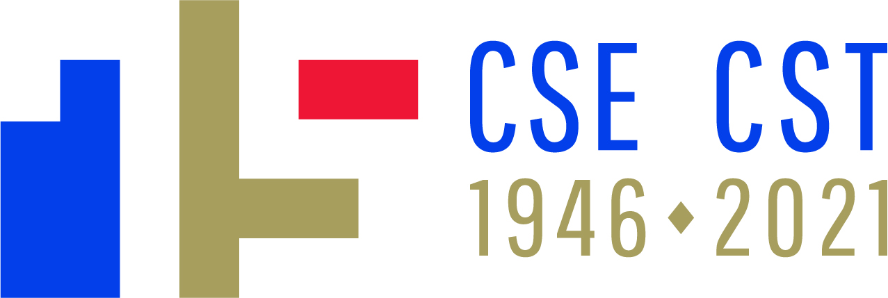 Le logo CST 75 composé de blocs rouge, or et bleu et du nombre « 75 » visible dans un espace blanc. Texte : CSE CST 1946. 2021.