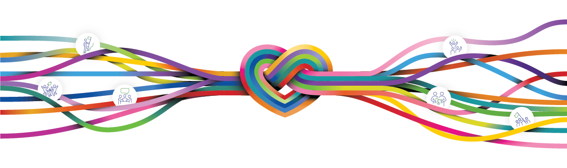 Multi-coloured cables knotted into a heart shape