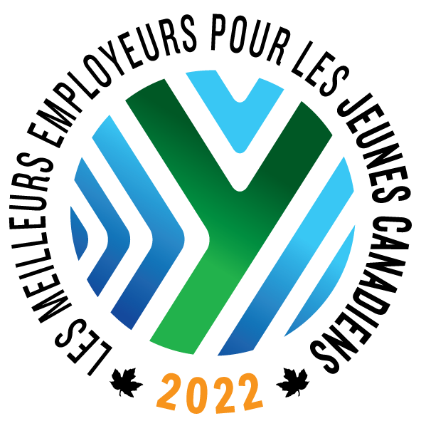 Logo des meilleurs employeurs pour les jeunes canadiens 2022 composé d’un « Y » vert sur fond bleu.